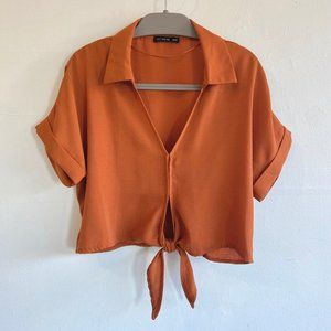 Cotton On Rust Tan Tilly Tie Front Cropped Shirt